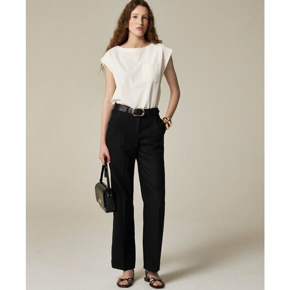 J.Crew Harbor Saffron Linen Pants WMNS S Black Elastic Waist Straight High-Rise - Picture 1 of 9